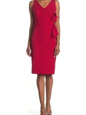 Marina Side Bow Sheath V-Neck Sleeveless  Crepe Red Dress Size 14